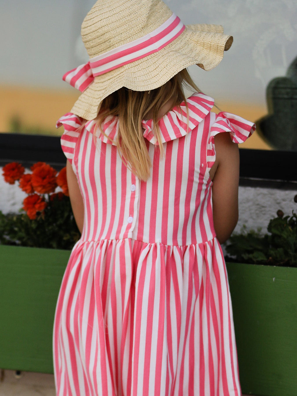 Spring Pink Striped Ruffled Girls' Dress with Hat