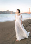 Short Sleeves A-line light-weight lace applique tulle mini wedding dress Off-white