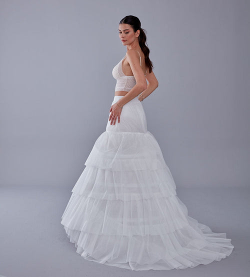 A line petticoat with train, Tiered Tulle Underskirt for Bridal Dress, Chapel Train Slip, White Crinoline 4 Hoop