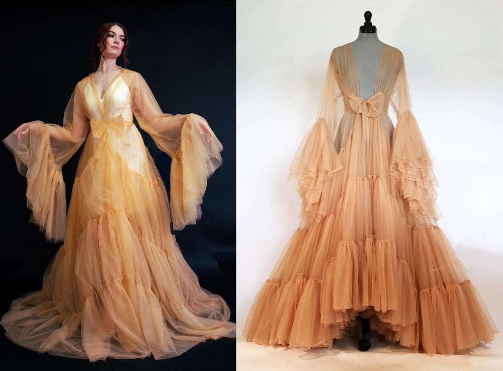 Tulle Ruffled Sleeves Layered Fringe Long Robe Dress Gold Champagne