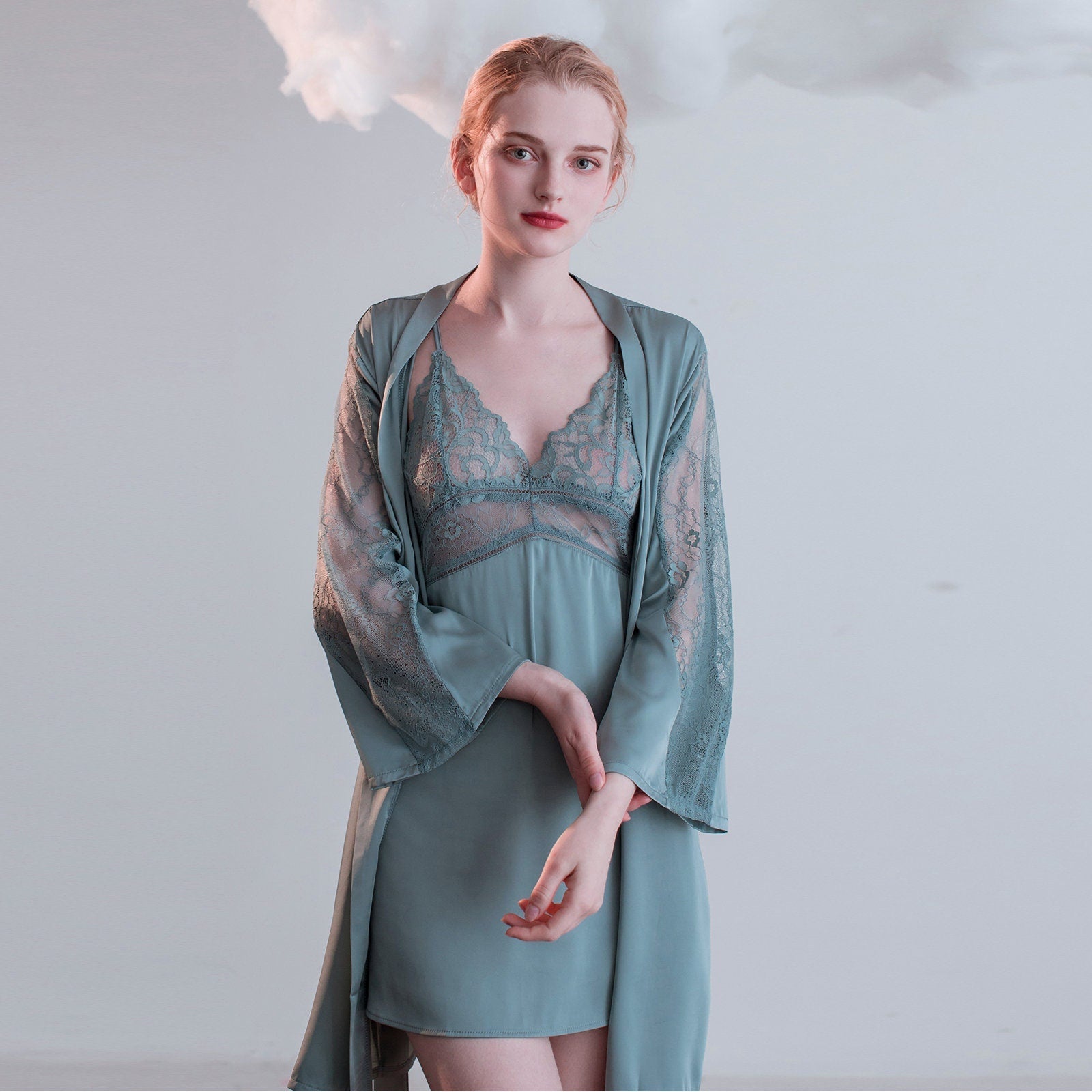 Luxurious Lace Satin Bridal Lingerie Set with Nightgown & Robe - 7 Colors Next Day Shipping Dusty Green
