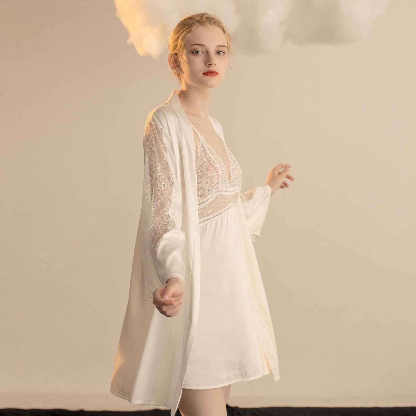 Luxurious Lace Satin Bridal Lingerie Set with Nightgown & Robe - 7 Colors Next Day Shipping Ivory