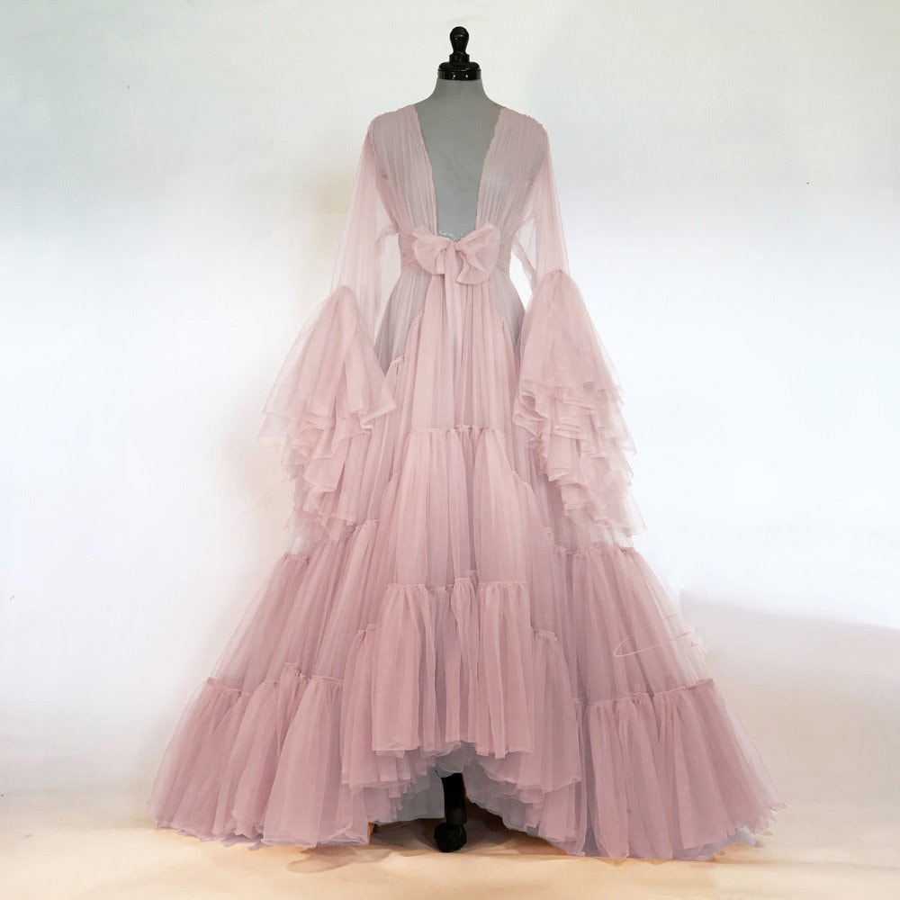 Tulle Ruffled Sleeves Layered Fringe Long Robe Dress Dusty Pink