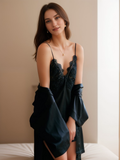 Victorian Style Lace Silky Lingerie Set - Elegant Night Dress & Robe in 3 Colors Next Day Shipping Black