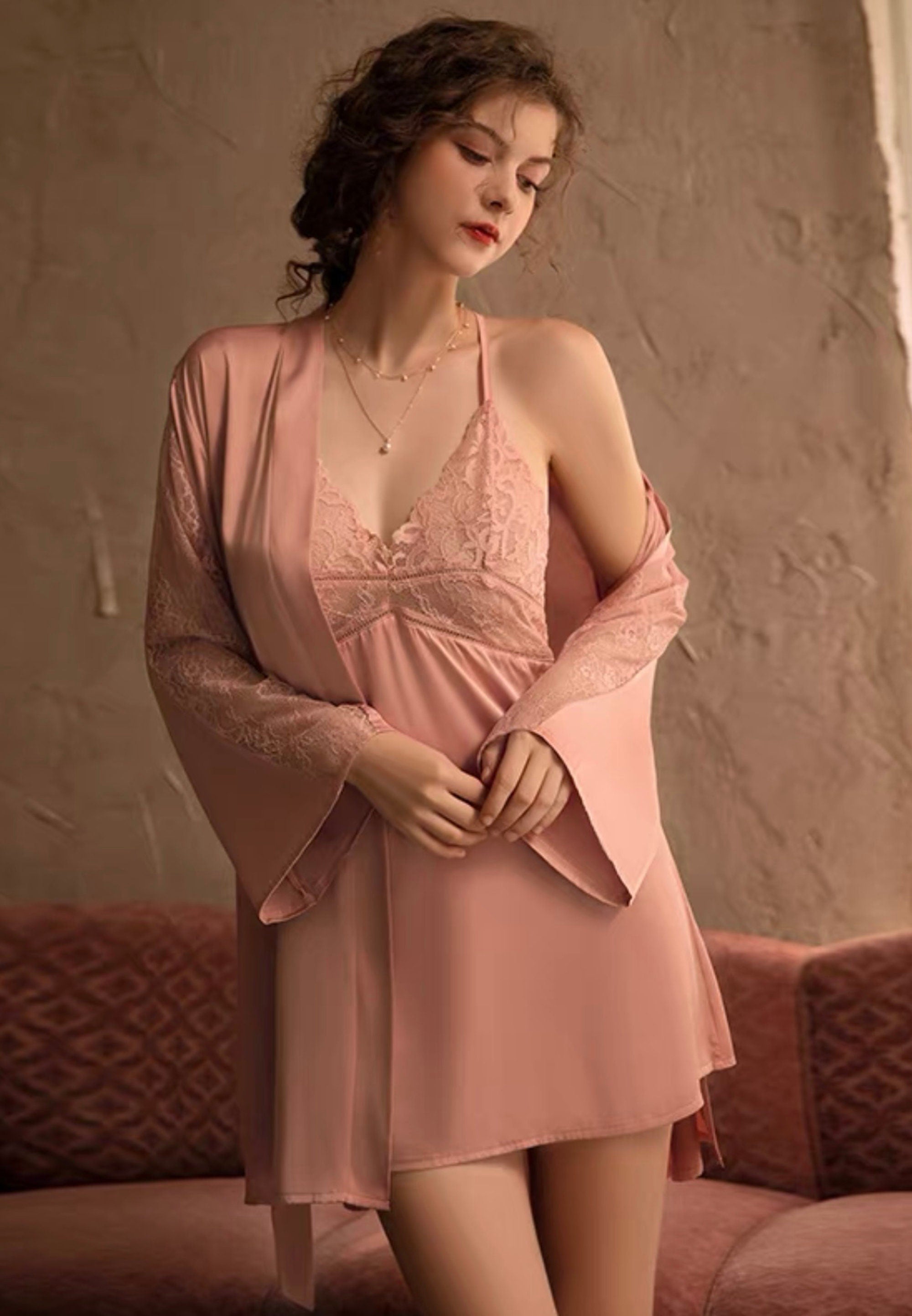 Luxurious Lace Satin Bridal Lingerie Set with Nightgown & Robe - 7 Colors Next Day Shipping Pink