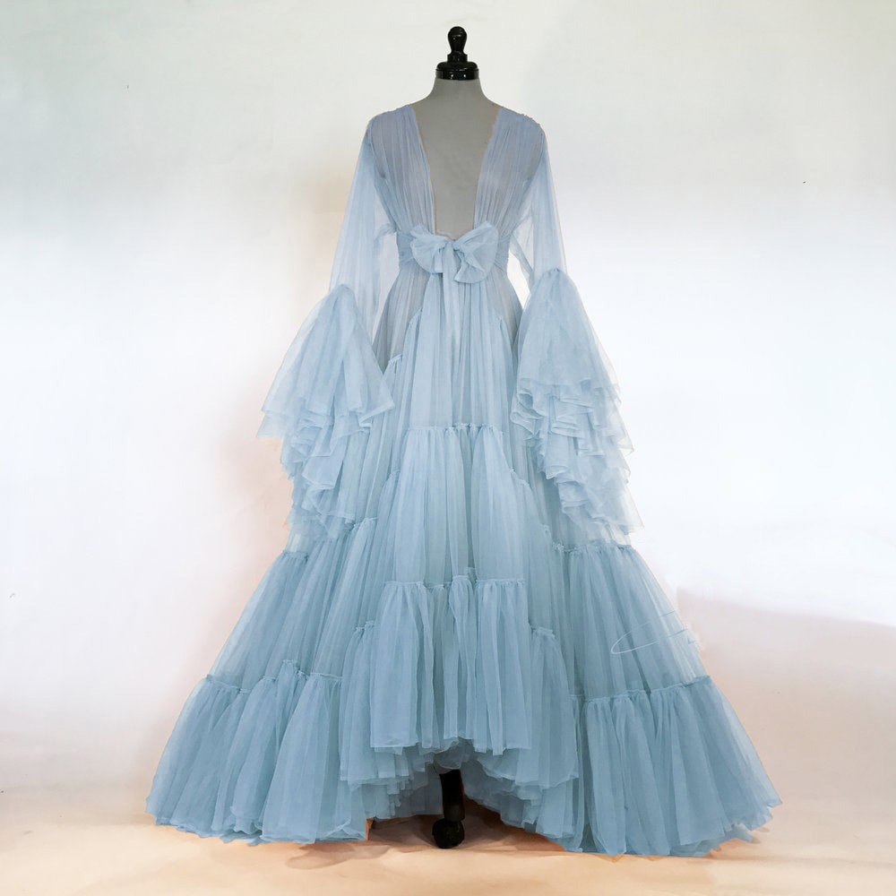Tulle Ruffled Sleeves Layered Fringe Long Robe Dress Baby Blue