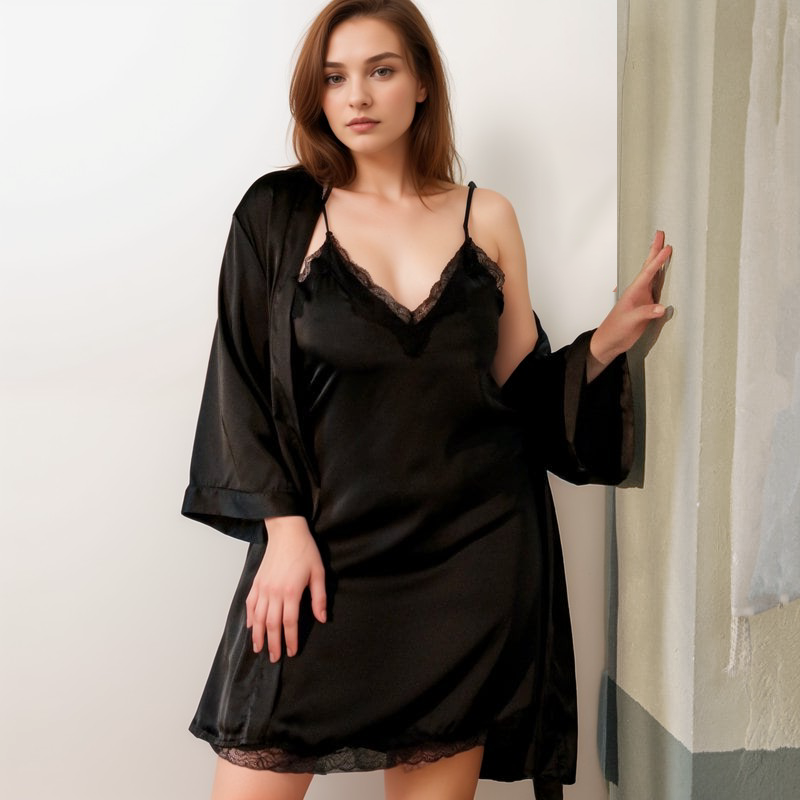 Minimalist Pink & Black Lace Silky Lingerie Set - Sizes S to 6XL Black