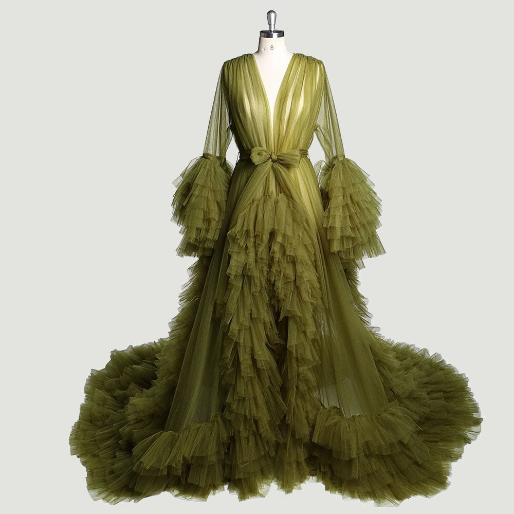 Tulle Ruffled Sleeves Fringe Multi-Color Custom Robe Dress for Theme Photo Shoot Olive Green