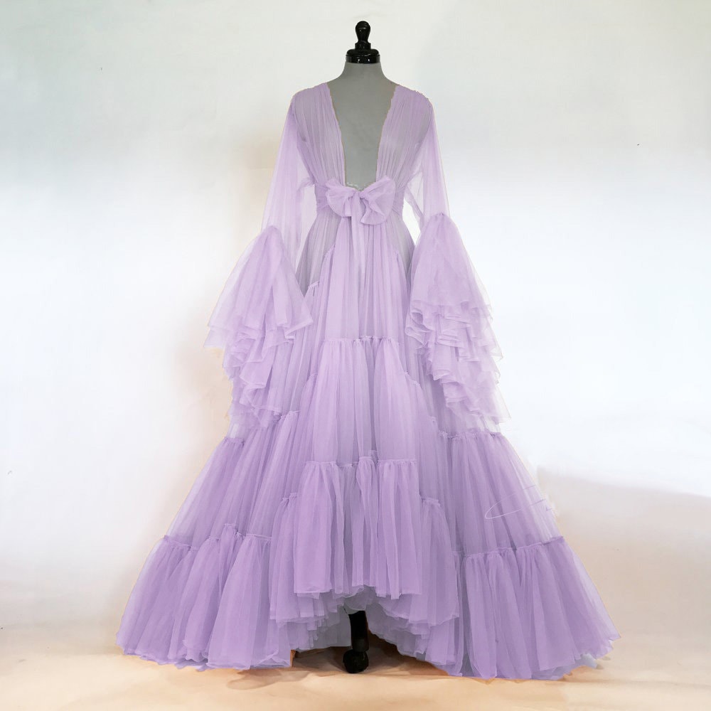 Tulle Ruffled Sleeves Layered Fringe Long Robe Dress Lavendar
