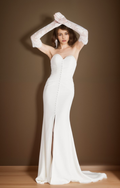 Elegant strapless front button design fit and flare middle slit simple silky satin wedding dress Off-white