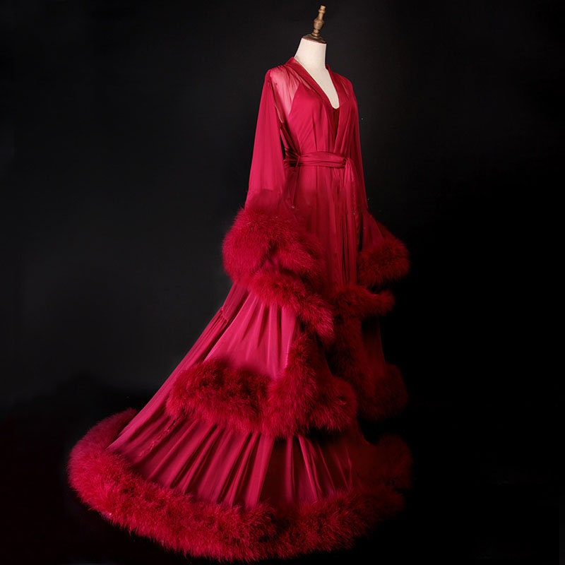 2-Layer Thick Feather Tulle Robe Set – Luxury Photoshoot / Holiday Glam Gown (Multi-Color) Wine