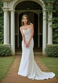 Goddess tie back Spaghetti-straps Mermaid satin wedding dress small train Off-white