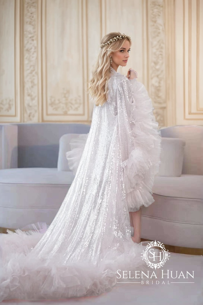 Ruffled tulle fringe hem sequin mesh long robe with sequin nightgown pink ivory Ivory