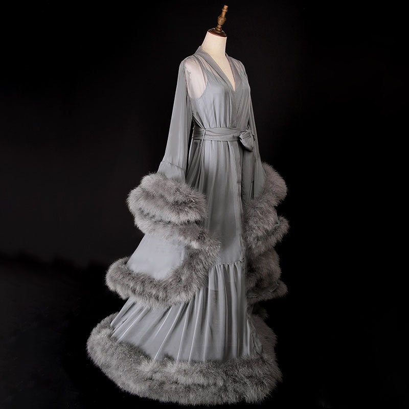 2-Layer Thick Feather Tulle Robe Set – Luxury Photoshoot / Holiday Glam Gown (Multi-Color) Dusty Grey