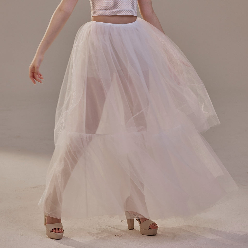 Elegant Double Tulle Skirt , Double Layer Soft White Tulle Skirt for Women, Sheer Maxi Overskirt