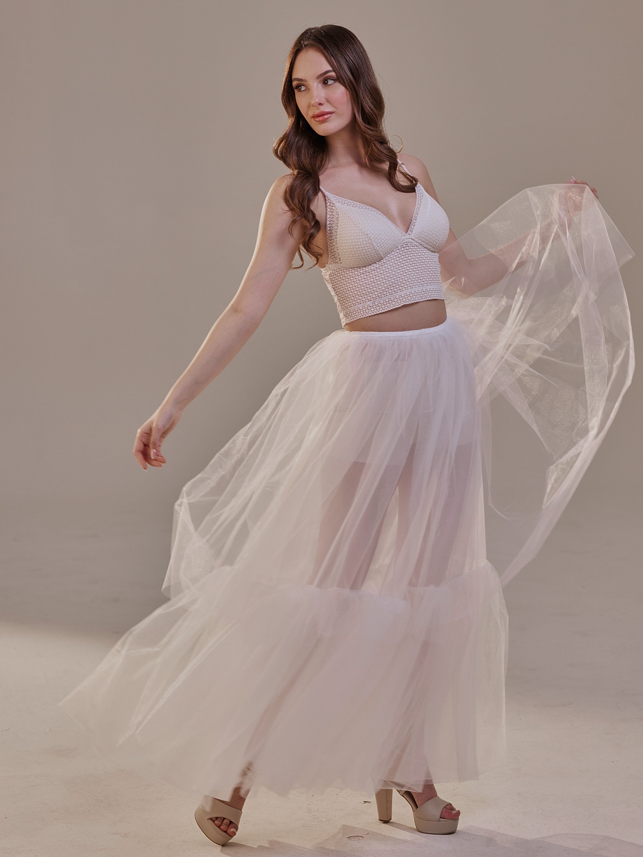 Elegant Double Tulle Skirt , Double Layer Soft White Tulle Skirt for Women, Sheer Maxi Overskirt