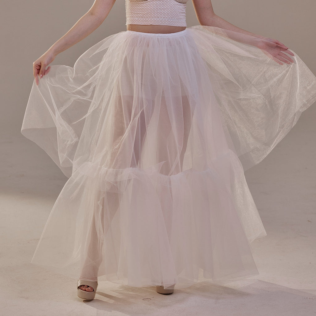 Elegant Double Tulle Skirt , Double Layer Soft White Tulle Skirt for Women, Sheer Maxi Overskirt