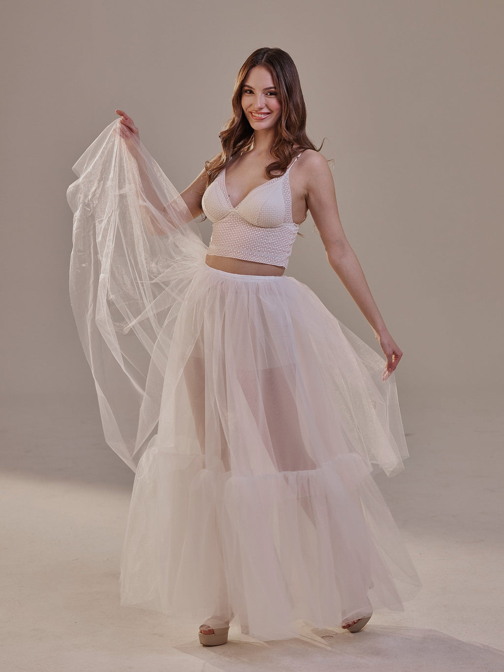 Elegant Double Tulle Skirt , Double Layer Soft White Tulle Skirt for Women, Sheer Maxi Overskirt