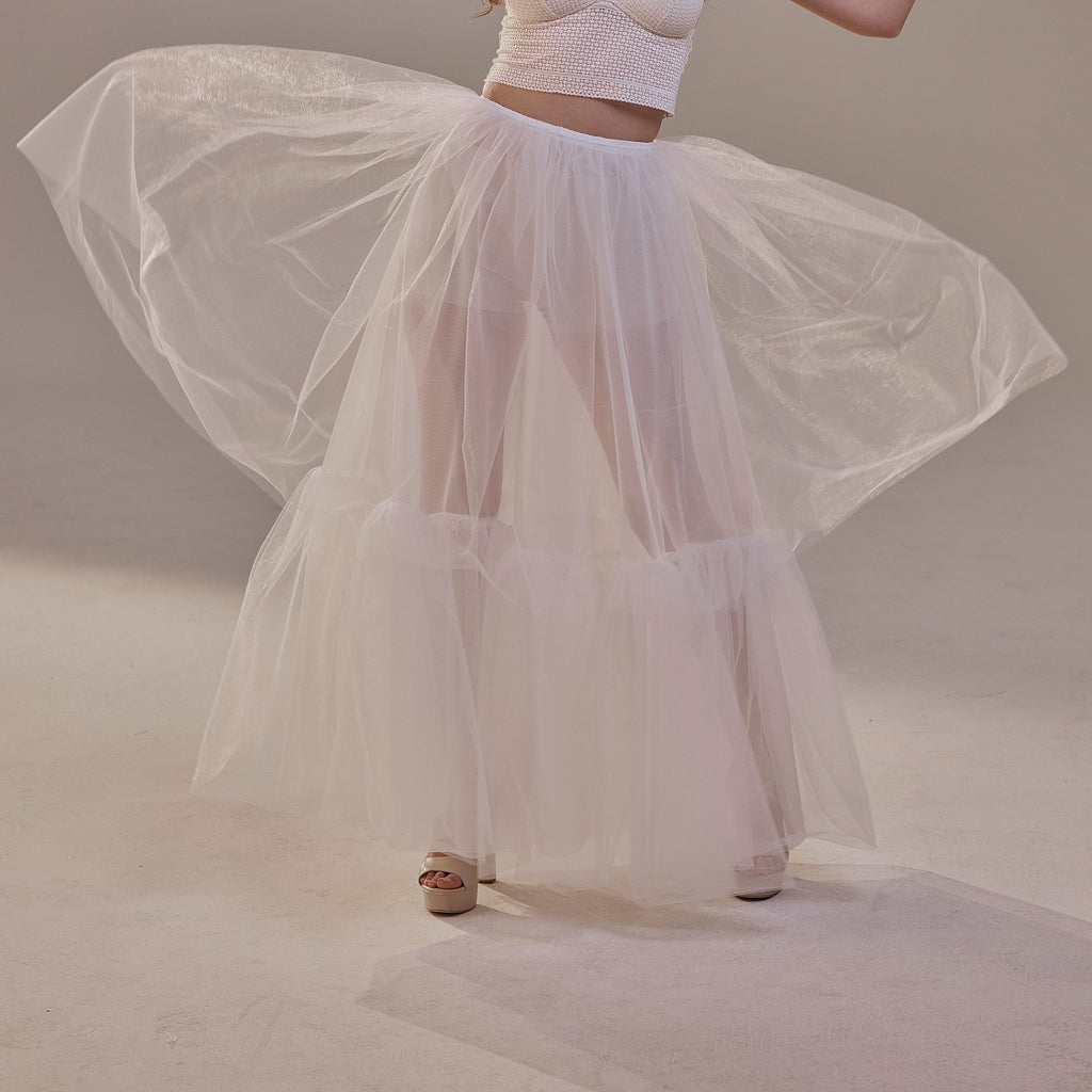 Elegant Double Tulle Skirt , Double Layer Soft White Tulle Skirt for Women, Sheer Maxi Overskirt