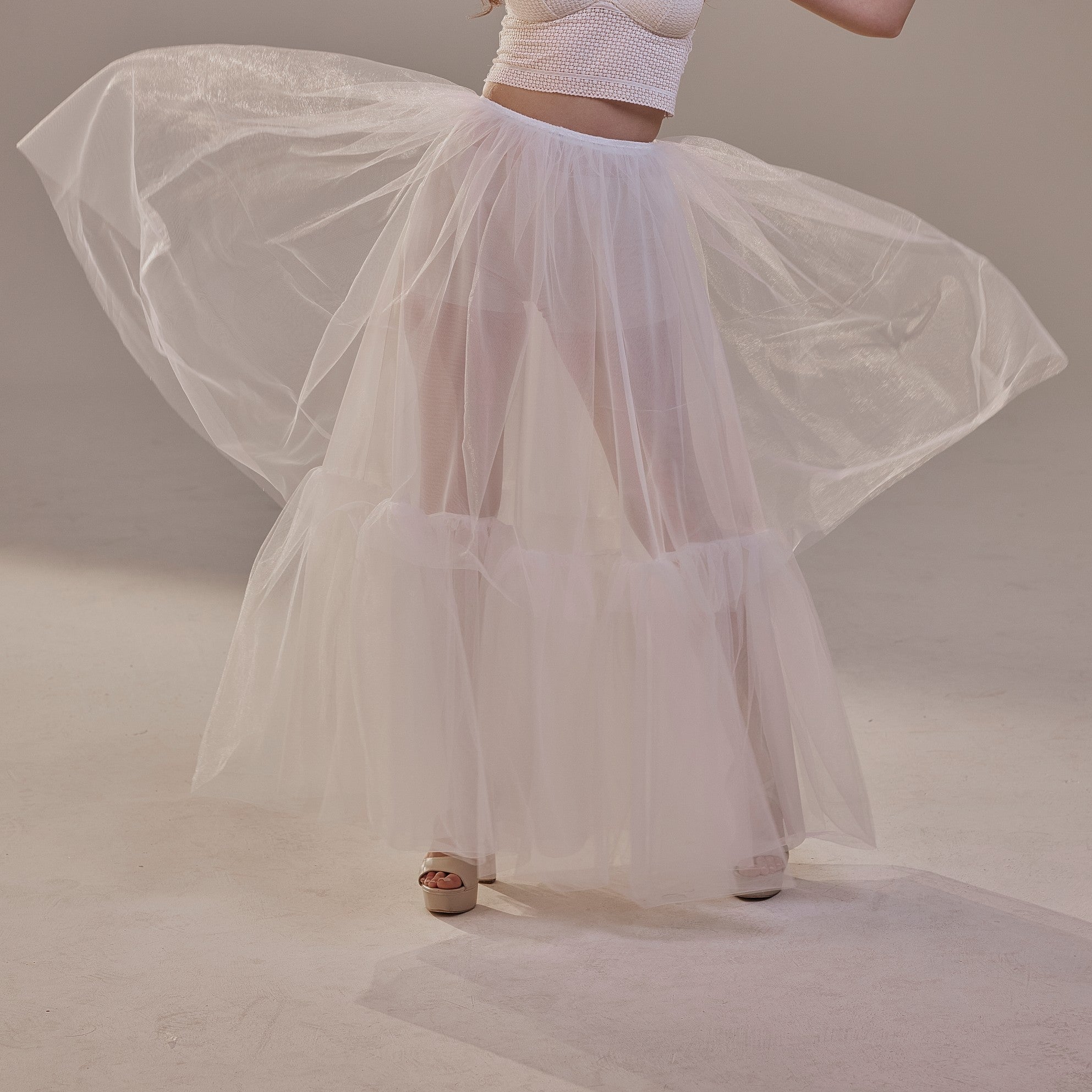 Elegant Double Tulle Skirt , Double Layer Soft White Tulle Skirt for Women, Sheer Maxi Overskirt