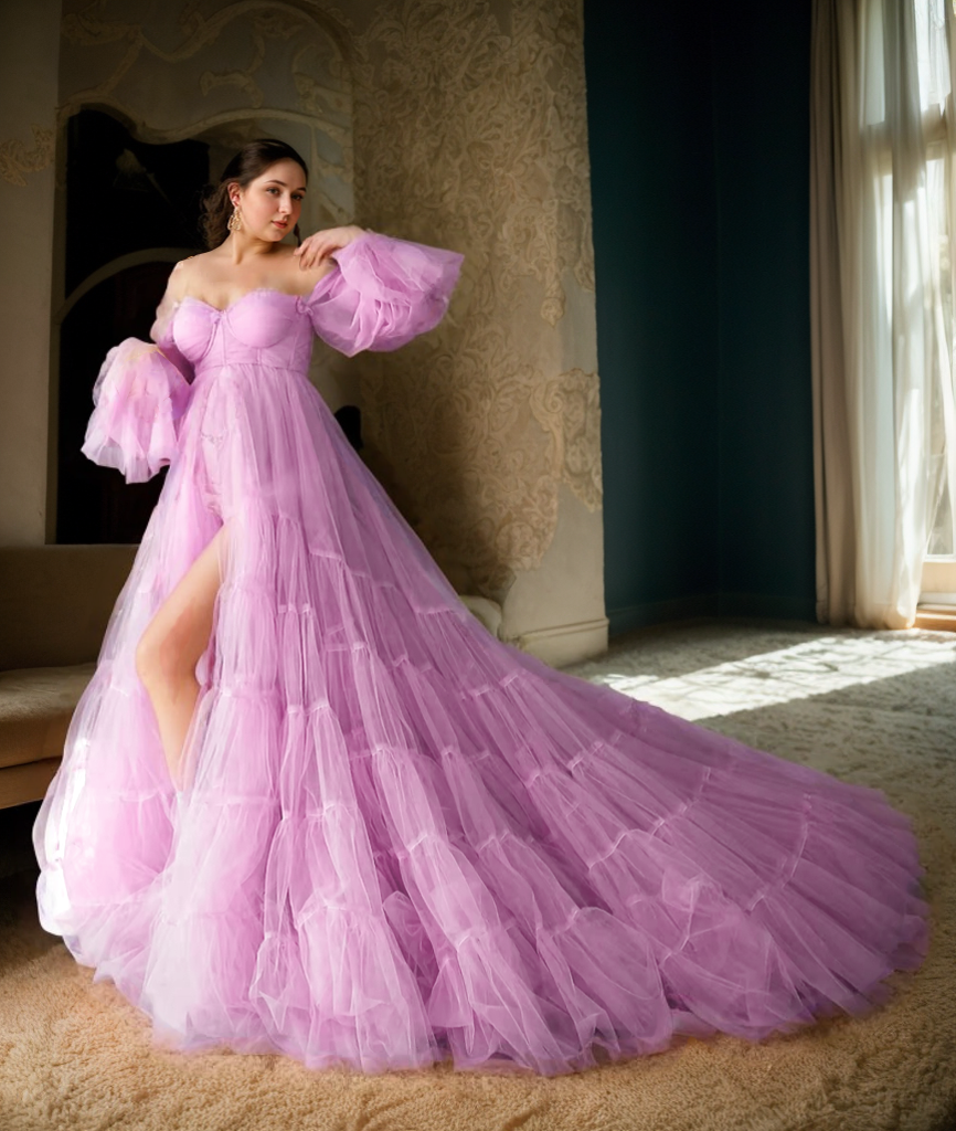 Elegant Robe Gown with Tiered Tulle and Off-Shoulder Design Multi Color Candy Pink