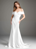 Elegant off-the-shoulder fit and flare Stretchy Satin wedding dress Off-white