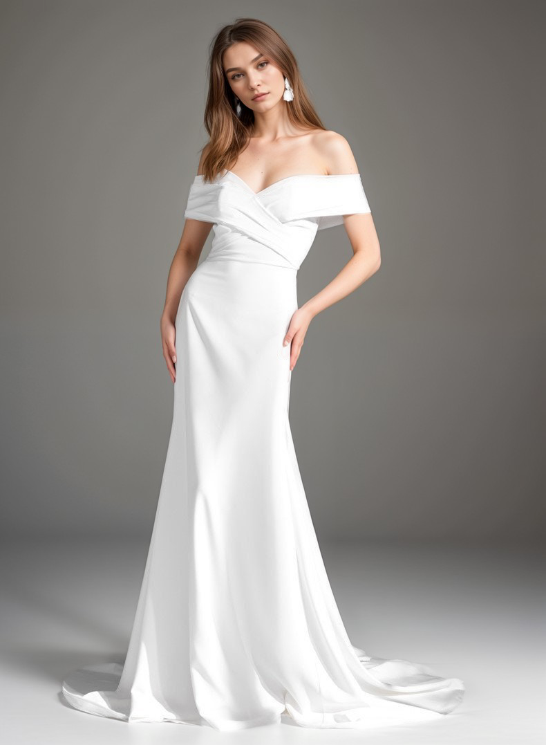 Elegant off-the-shoulder fit and flare Stretchy Satin wedding dress Off-white
