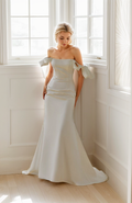 Elegant off the shoulder fit and flare duchess satin simple wedding dress colored wedding dress Off-white