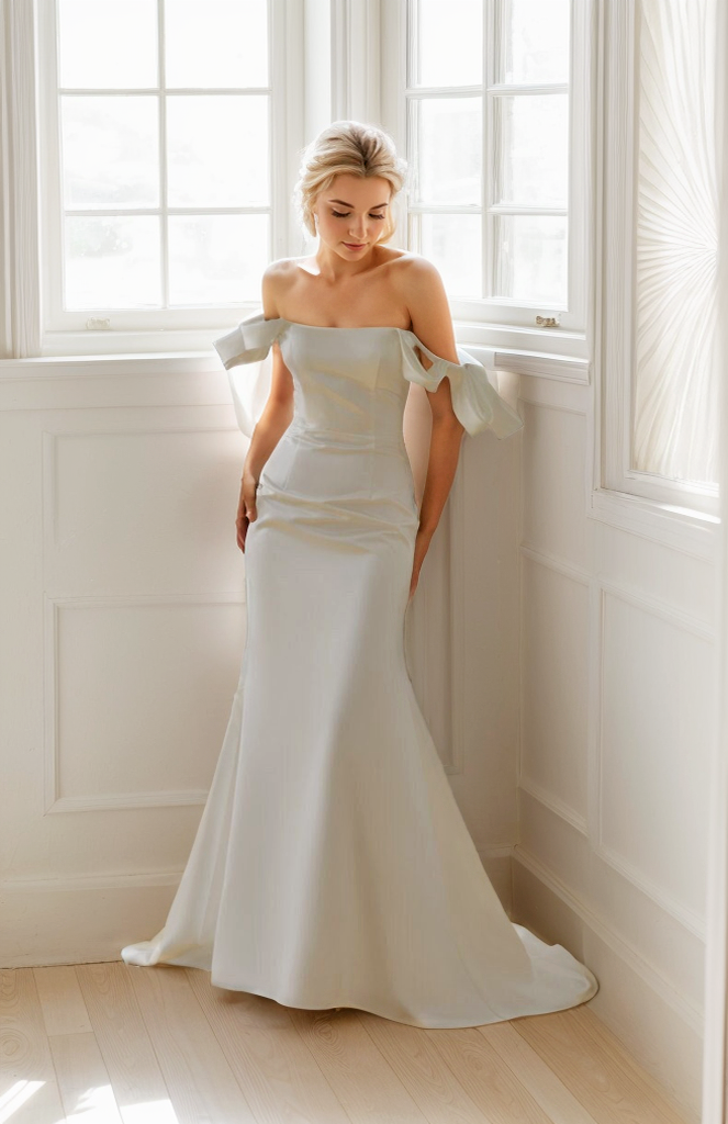 Elegant off the shoulder fit and flare duchess satin simple wedding dress colored wedding dress Off-white