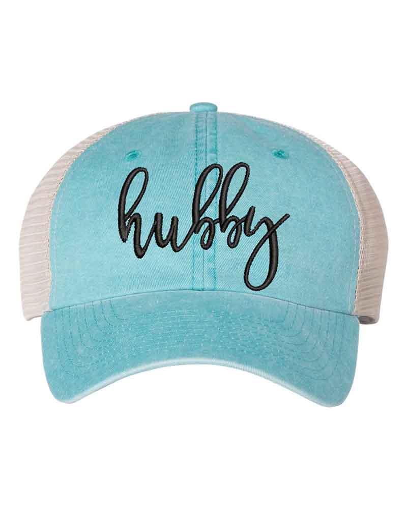 Embroidered Wifey/Hubby Trucker Hat – Anniversary Gift Cap Hubby Aqua Stone