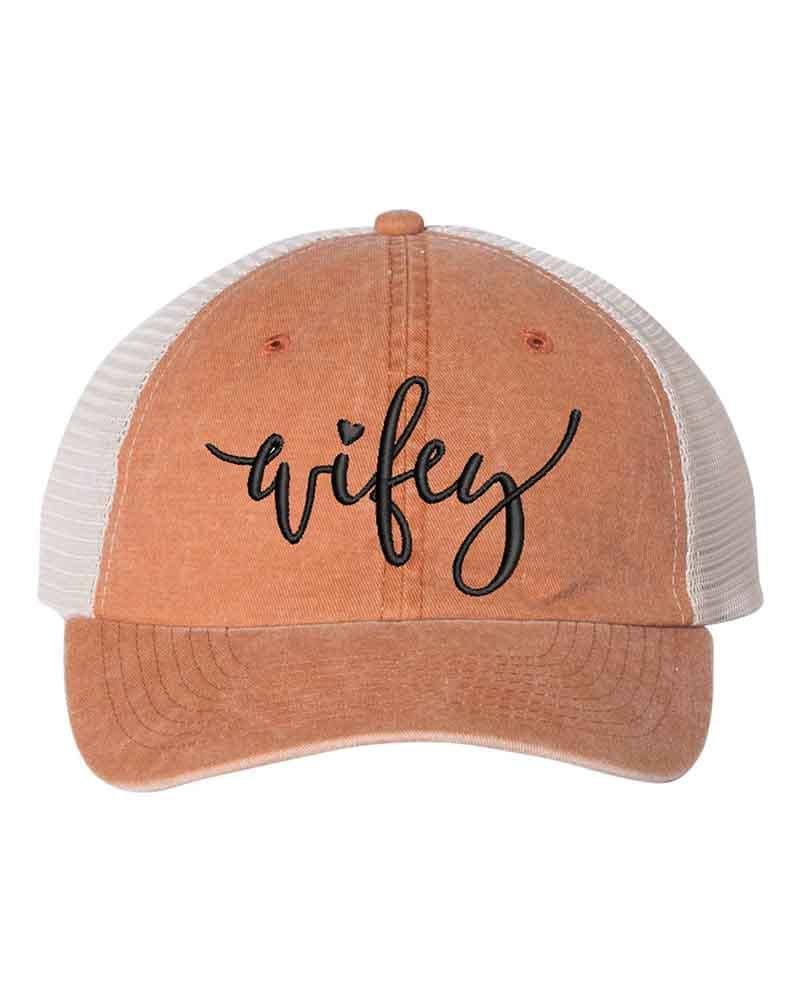 Embroidered Wifey/Hubby Pigment-Dyed Trucker Hat – Anniversary Gift Cap Wifey Texas Orange Stone