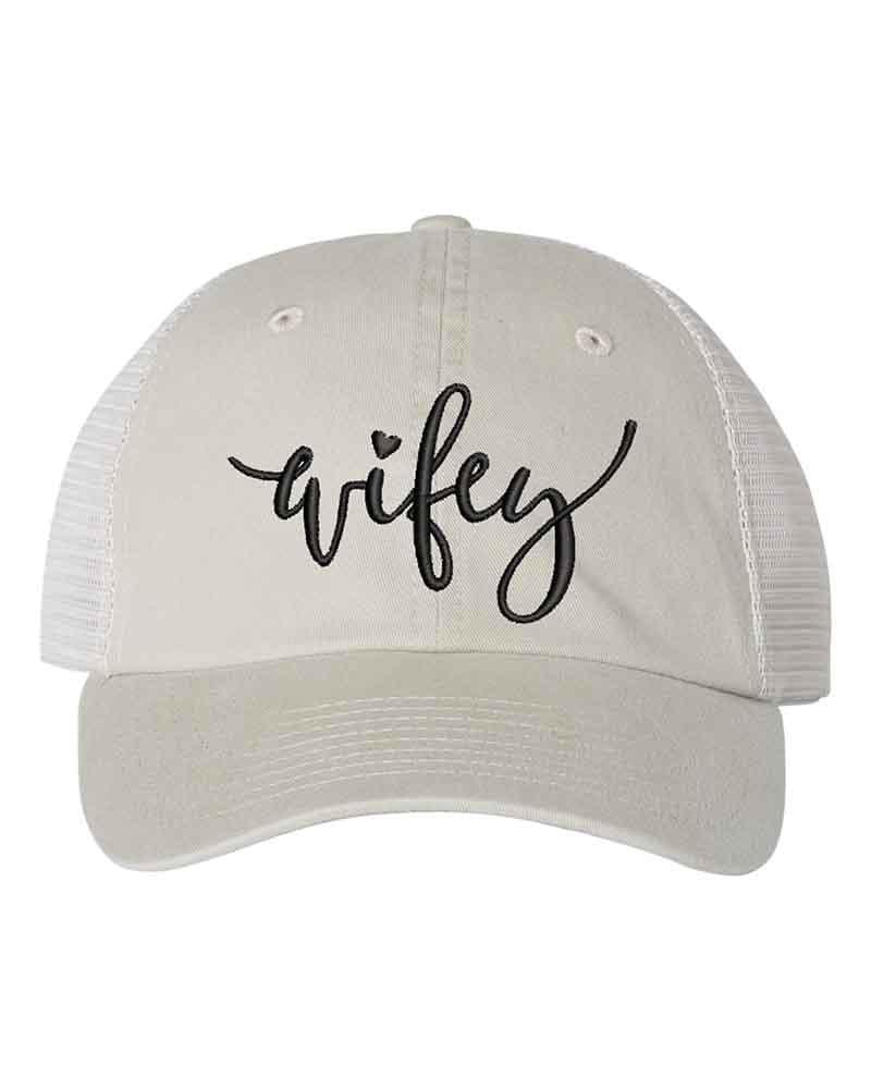 Embroidered Wifey/Hubby Pigment-Dyed Trucker Hat – Anniversary Gift Cap Wifey Stone Stone