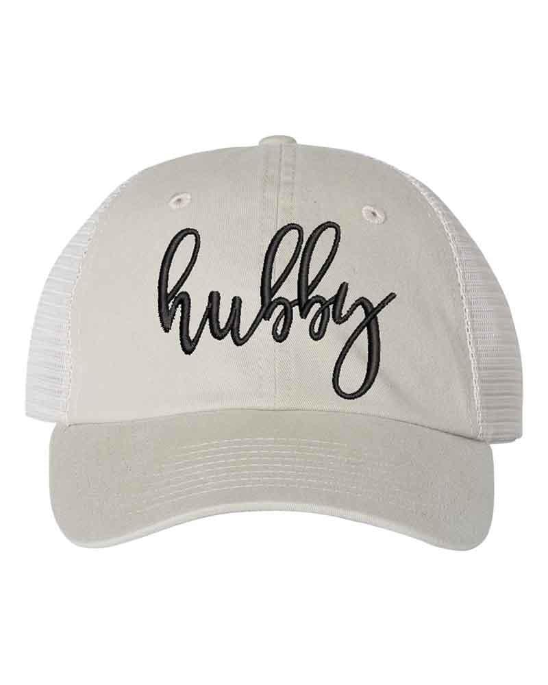 Embroidered Wifey/Hubby Pigment-Dyed Trucker Hat – Anniversary Gift Cap Hubby Stone Stone