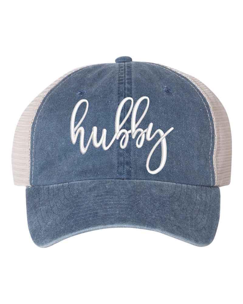 Embroidered Wifey/Hubby Trucker Hat – Anniversary Gift Cap Hubby Navy Stone