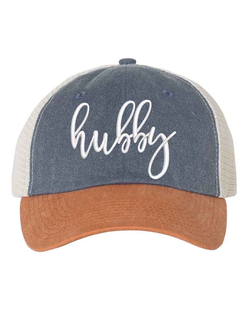 Embroidered Wifey/Hubby Pigment-Dyed Trucker Hat – Anniversary Gift Cap Hubby Navy Texas Stone