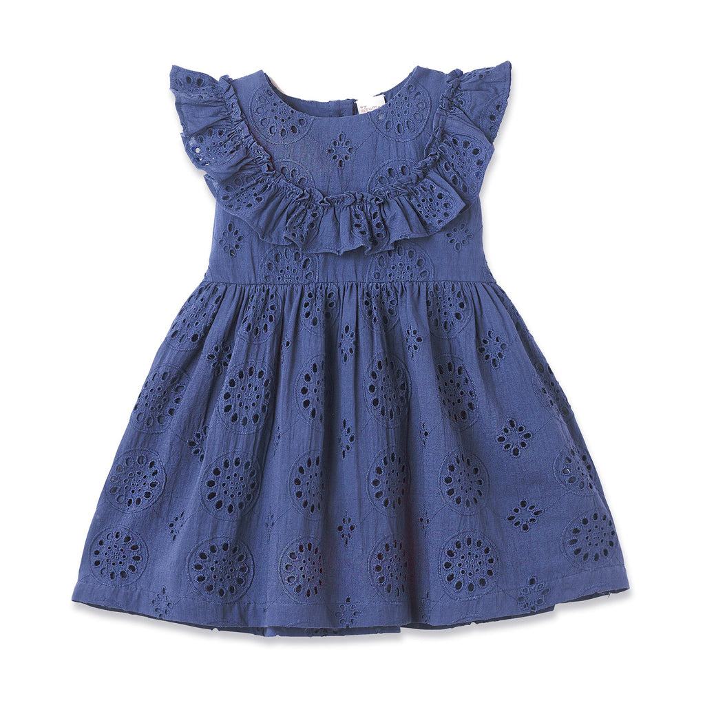Girls' Eyelet Ruffle Dress - Cotton Blue Embroidered 4T