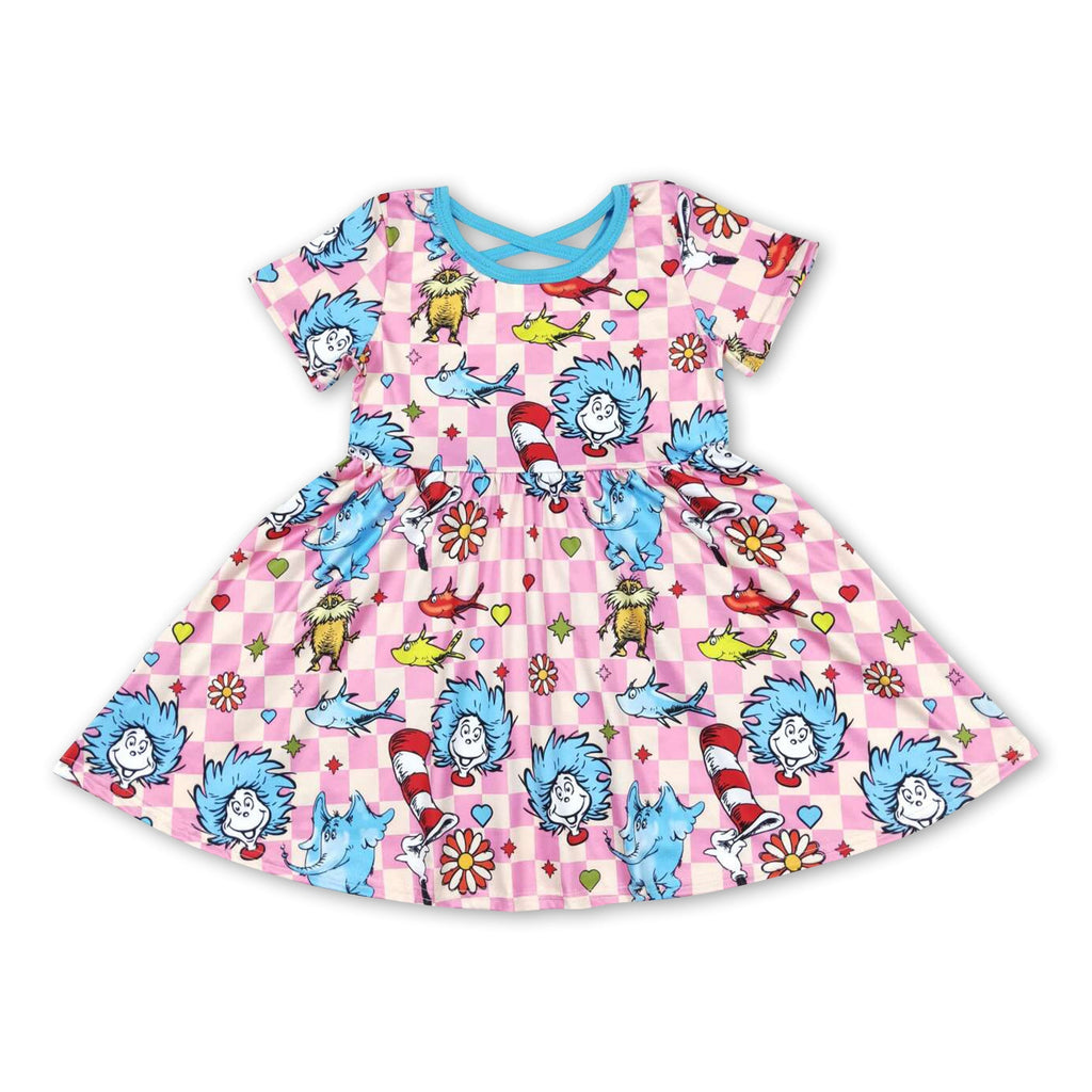 Pink plaid hat elephant short sleeves girls dresses