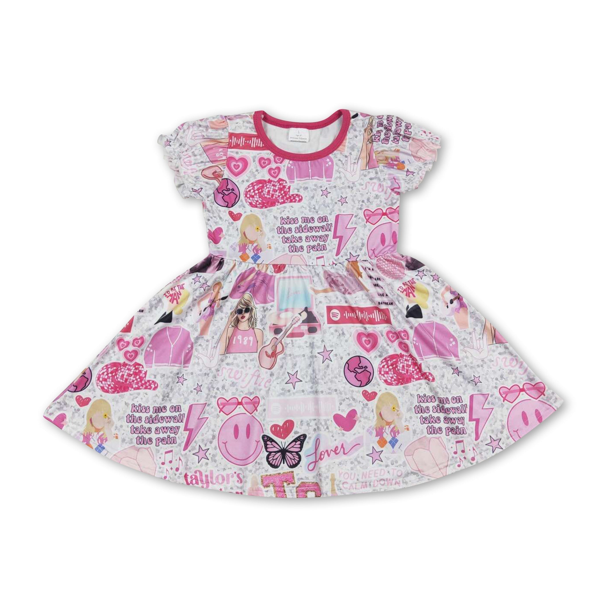Pink short sleeves smile butterfly singer girls dress