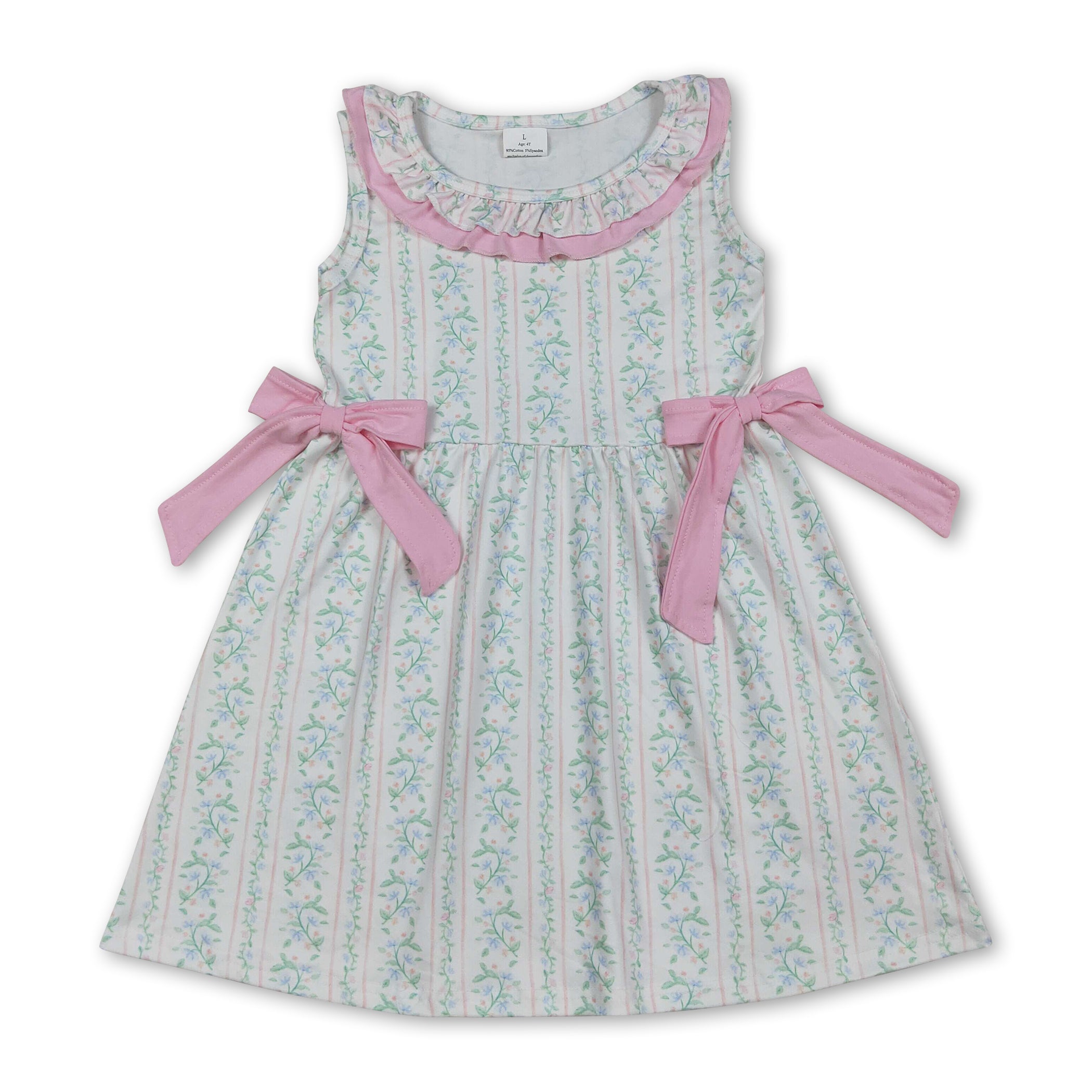 Pink bow floral ruffle sleeveless girls summer dresses