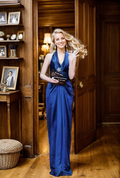 Greece Goddess Haltered low back deep V sheath silky satin prom dress Royal Blue