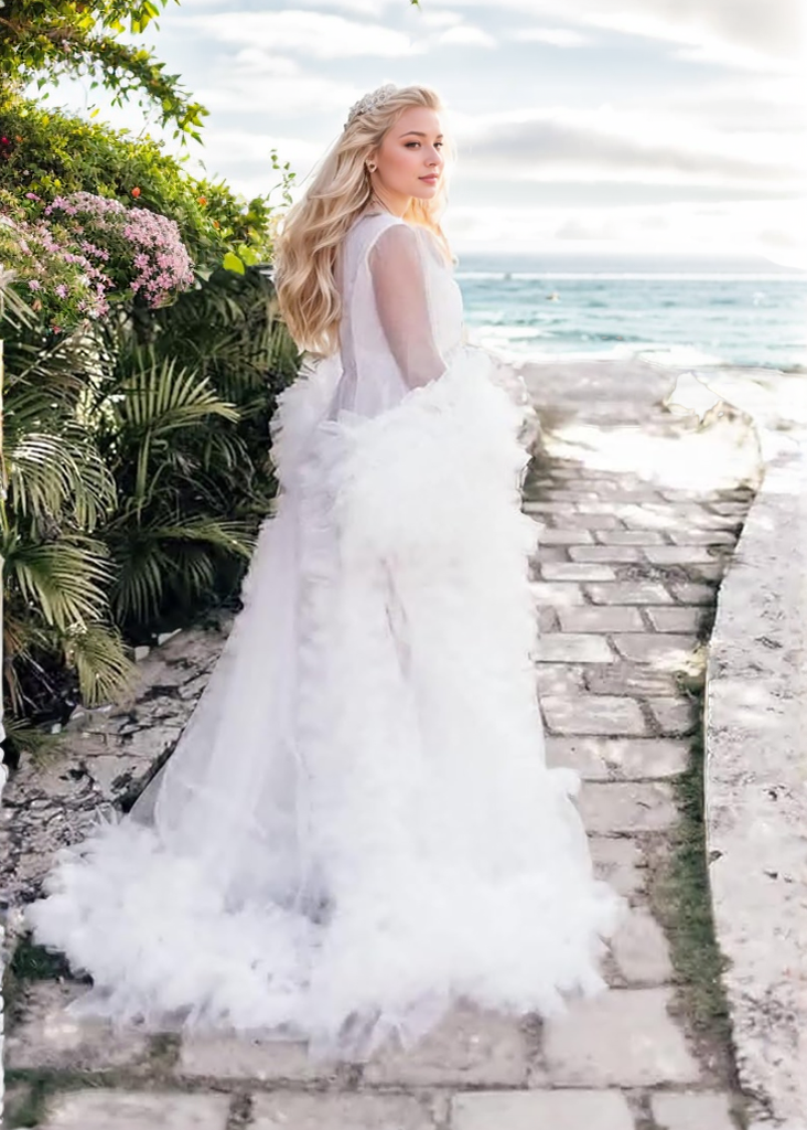 Tulle Ruffled Sleeves Fringe Multi-Color Custom Robe Dress for Theme Photo Shoot Off white