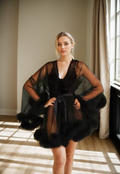 Luxurious Sheer Bridal Robe with Feathered Hem and Satin Tie Black