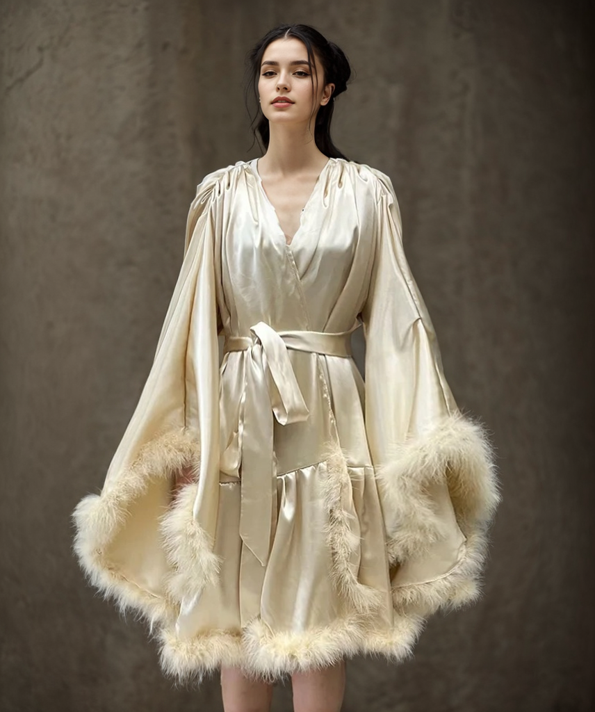 Short Satin Feather Robe – Holiday Photoshoot, Christmas Gift, Glam Party Outfit Light Champagne