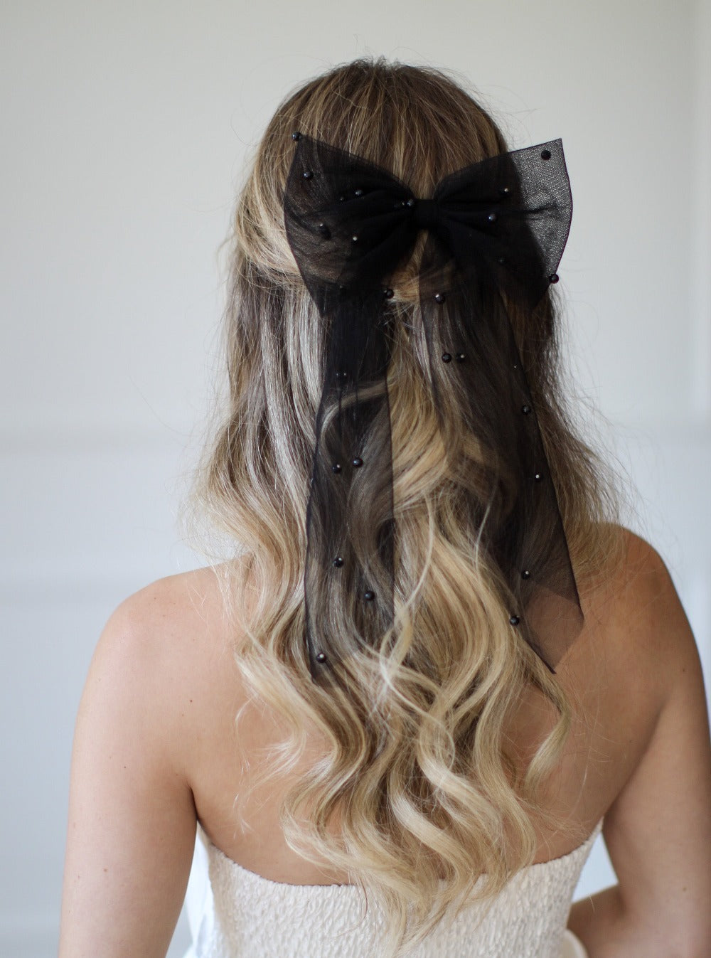 Bridal Hair Bow Black Pearls