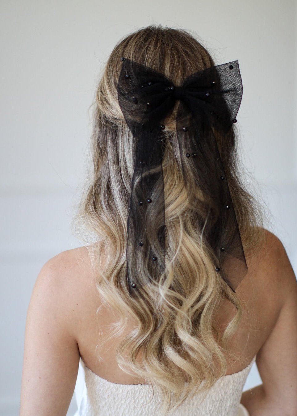 Bridal Hair Bow Black Pearls