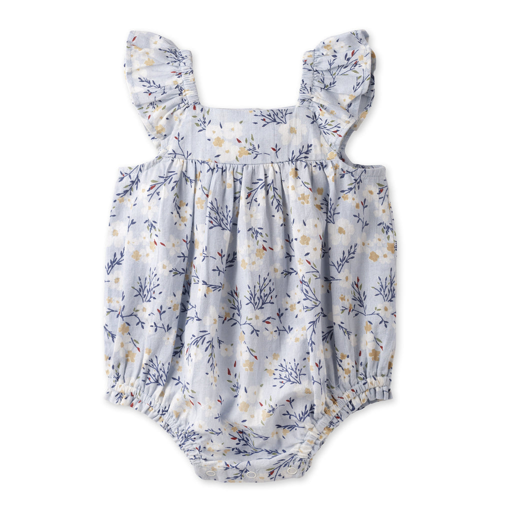 Baby Girl Blue Floral Bubble Romper – Cotton Linen Sunsuit 12-18M