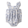 Baby Girl Blue Floral Bubble Romper – Cotton Linen Sunsuit 12-18M