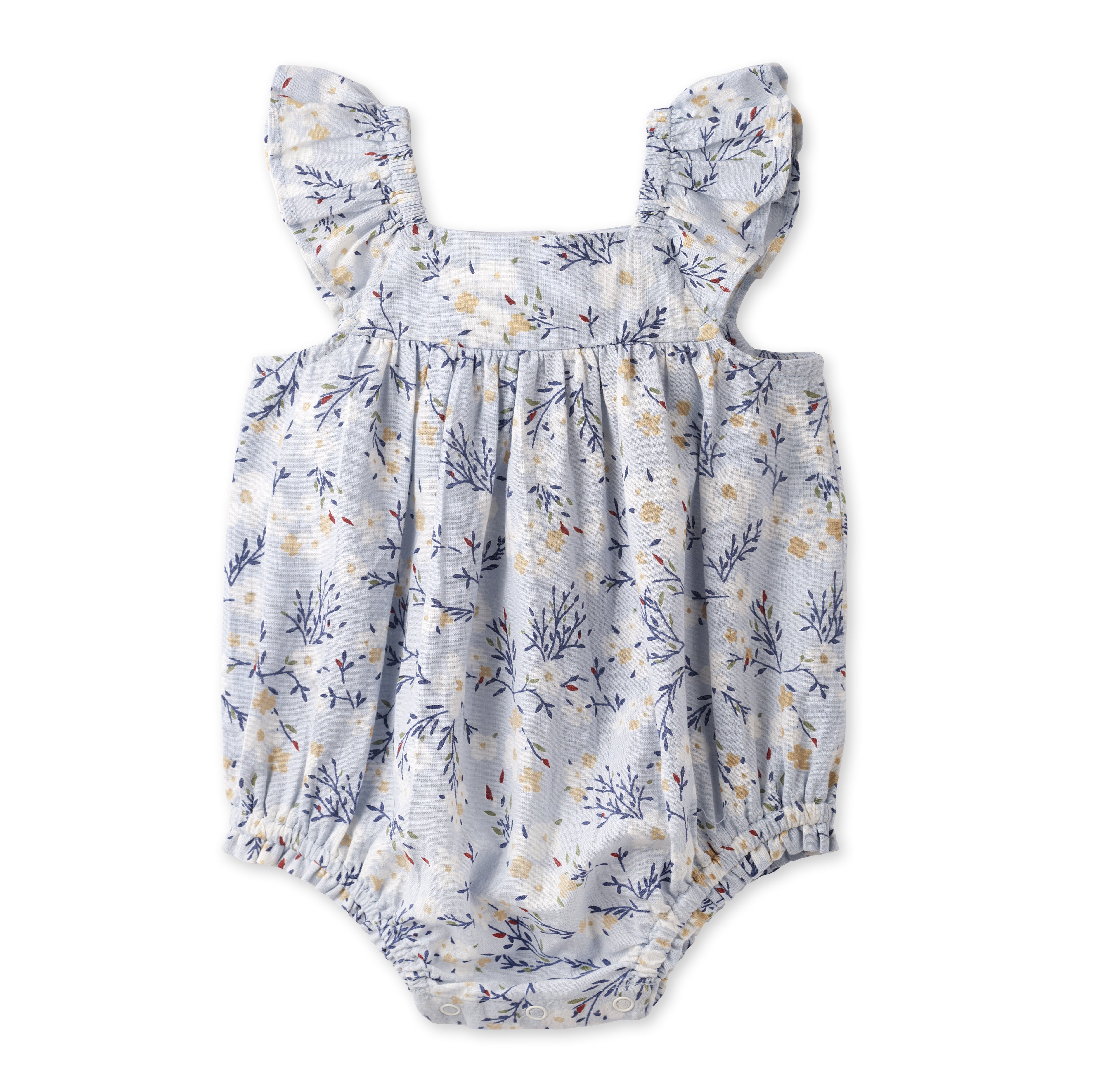 Baby Girl Blue Floral Bubble Romper – Cotton Linen Sunsuit 12-18M