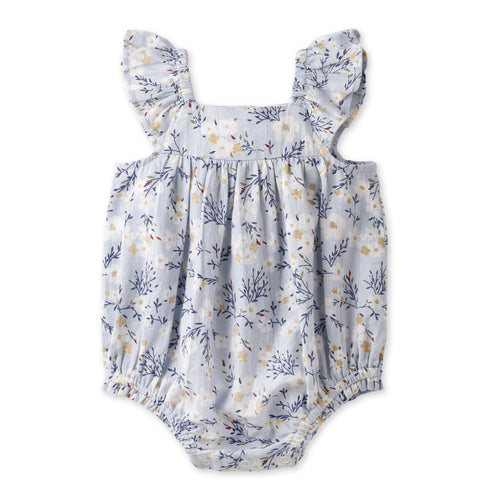 Baby Girl Blue Floral Bubble Romper – Cotton Linen Sunsuit 12-18M