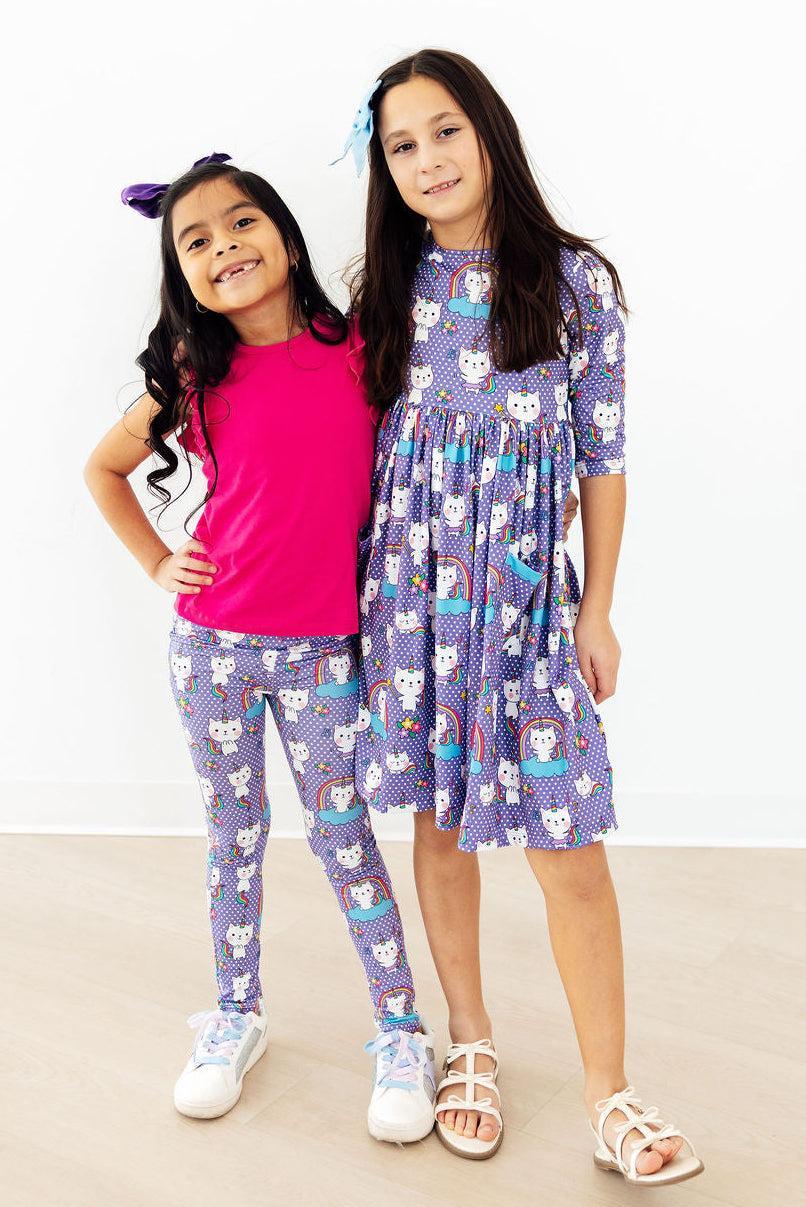 Kitties in the Clouds 3/4 Sleeve Pocket Twirl Dress